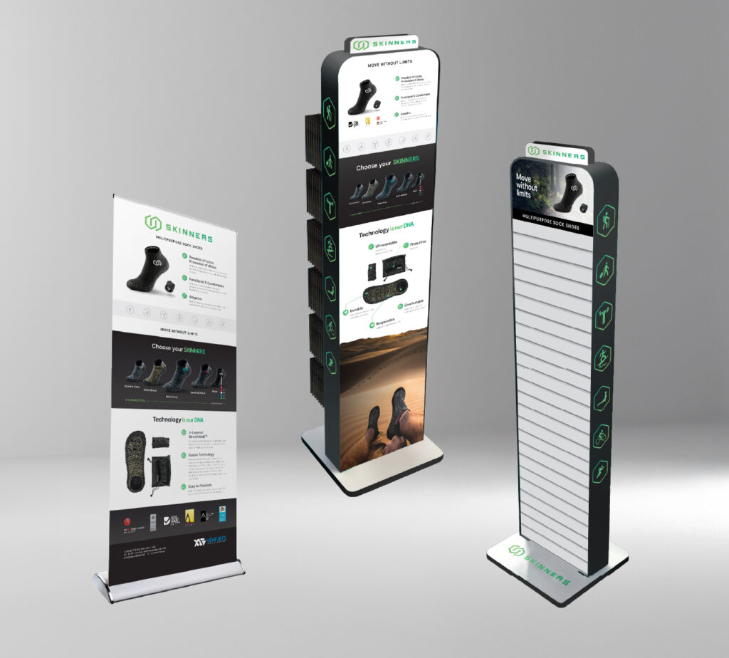 Skinners banner stand and full size trade show product displays